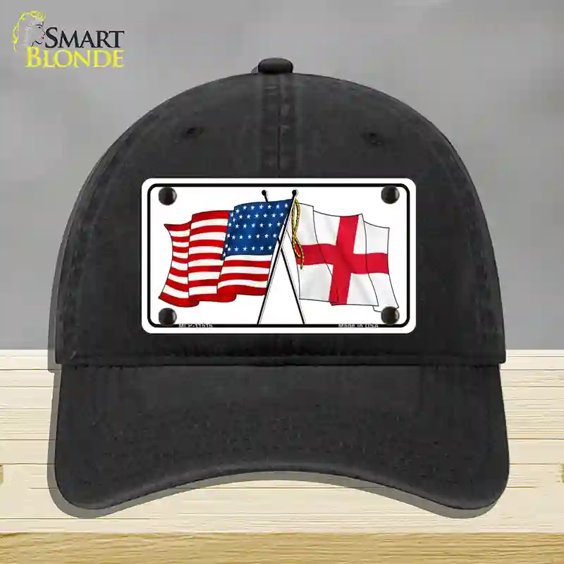 HAT07-MLP-11516 England Crossed US Flag Novelty License Plate Hat, Unconstructed Cotton - Black