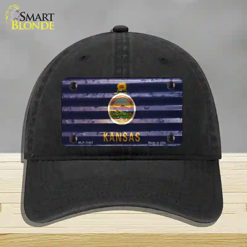 HAT07-MLP-11957 Kansas Corrugated Flag Novelty License Plate Hat, Unconstructed Cotton - Black