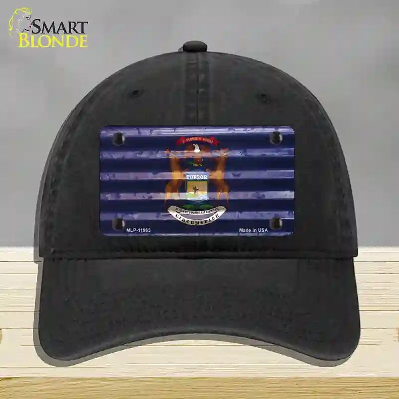 HAT07-MLP-11963 Michigan Corrugated Flag Novelty License Plate Hat, Unconstructed Cotton - Black