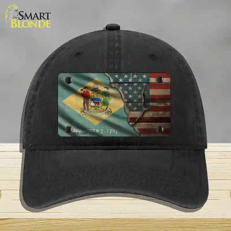 HAT07-MLP-12387 Delaware & American Flag Novelty License Plate Hat, Unconstructed Cotton - Black
