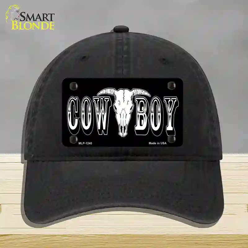 HAT07-MLP-1240 Cowboy Longhorn Skull Novelty License Plate Hat, Unconstructed Cotton - Black