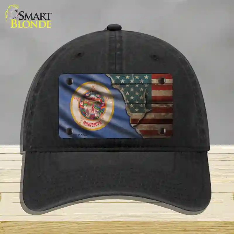 HAT07-MLP-12402 Minnesota & American Flag Novelty License Plate Hat, Unconstructed Cotton - Black
