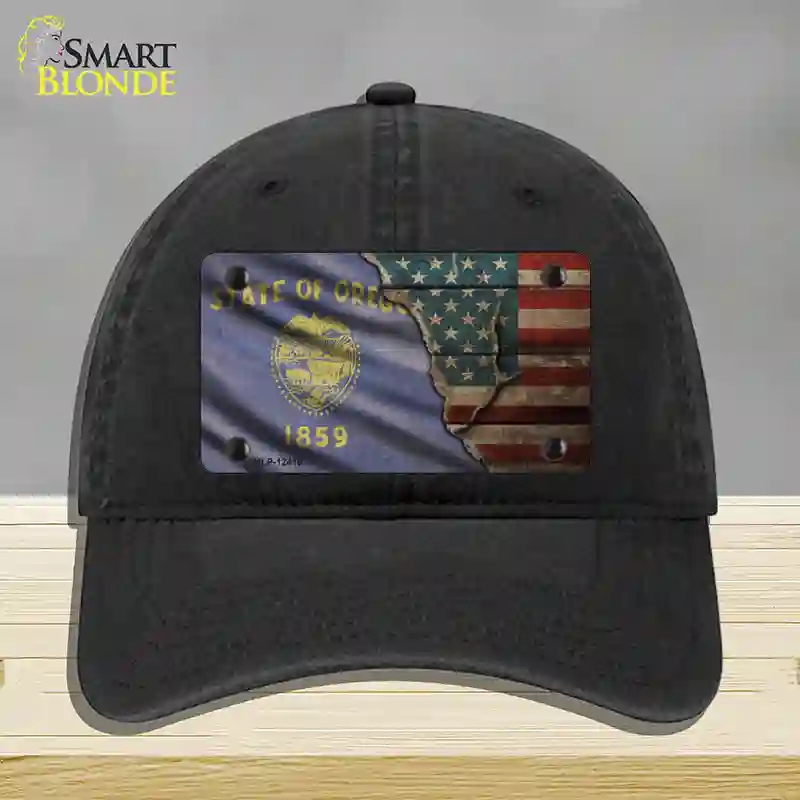 HAT07-MLP-12416 Oregon & American Flag Novelty License Plate Hat, Unconstructed Cotton - Black