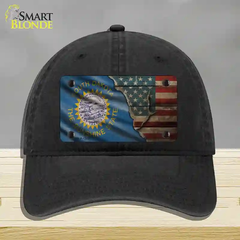 HAT07-MLP-12420 South Dakota & American Flag Novelty License Plate Hat, Unconstructed Cotton - Black