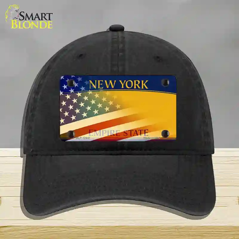 HAT07-MLP-12441   York Yellow with American Flag Novelty License Plate Hat, Unconstructed Cotton - Black