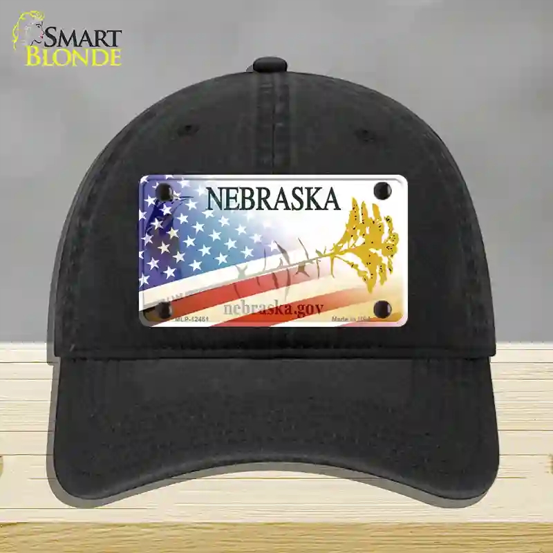 HAT07-MLP-12451 Nebraska American Flag Novelty License Plate Hat, Unconstructed Cotton - Black