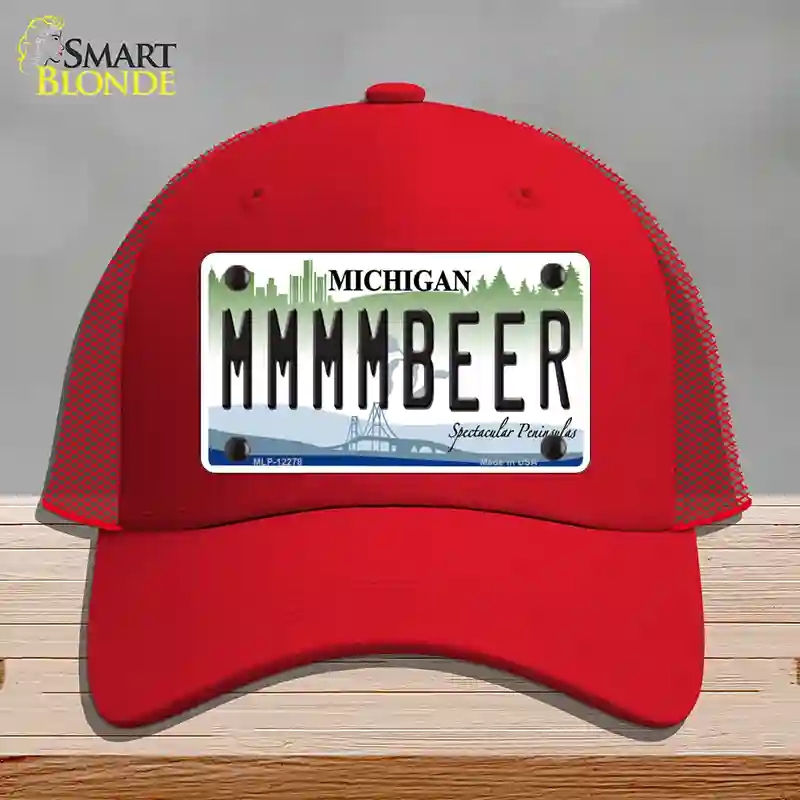 HAT17-MLP-12278 Michigan MMMMBeer Novelty License Plate Hat, Mesh - Red