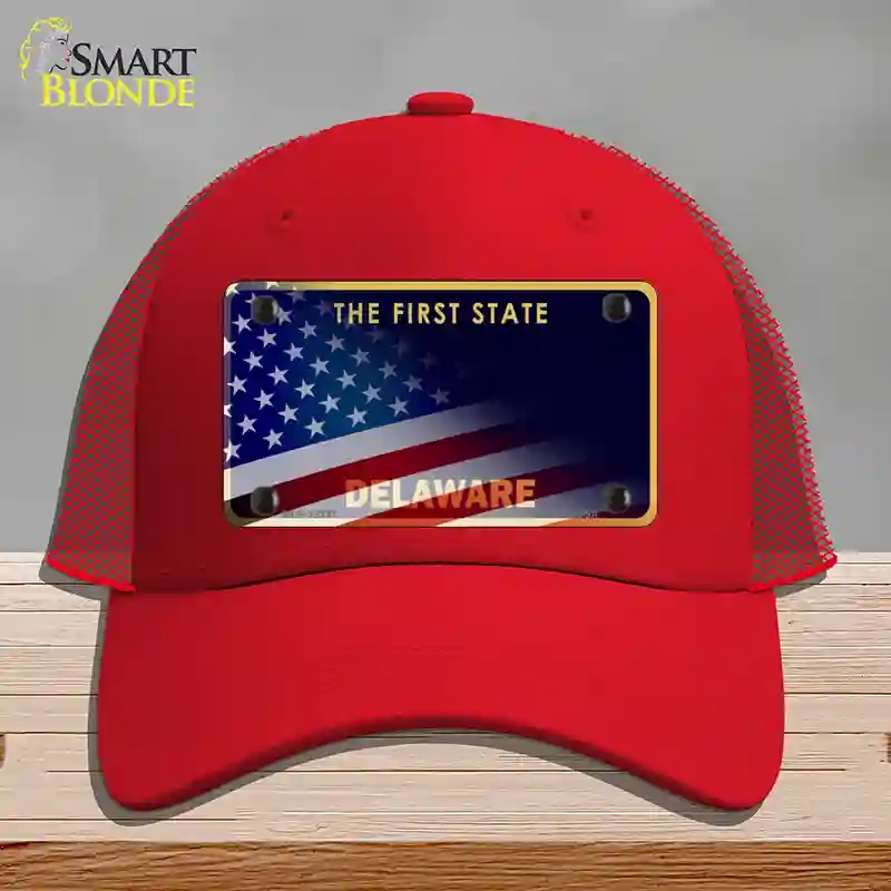 HAT17-MLP-12337 Delaware with American Flag Novelty License Plate Hat, Mesh - Red
