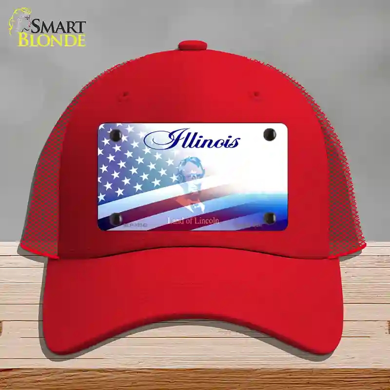 HAT17-MLP-12342 Illinois with American Flag Novelty License Plate Hat, Mesh - Red