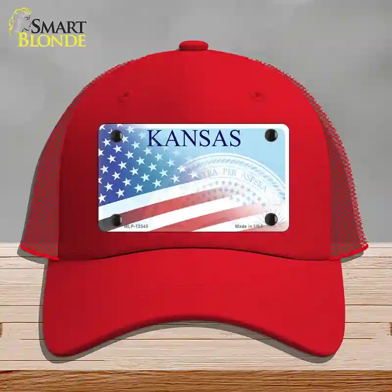 HAT17-MLP-12345 Kansas with American Flag Novelty License Plate Hat, Mesh - Red