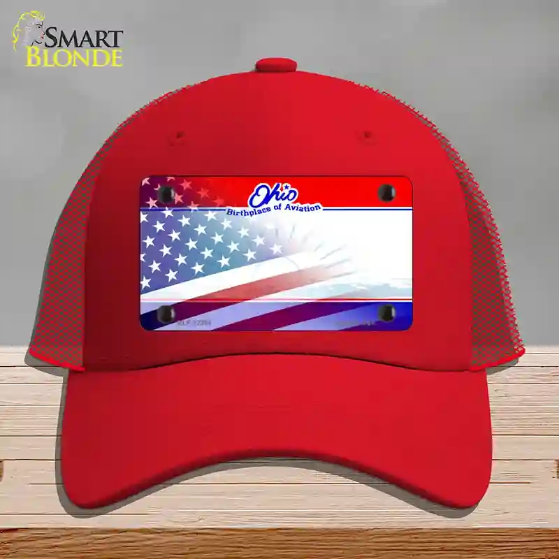 HAT17-MLP-12364 Ohio with American Flag Novelty License Plate Hat, Mesh - Red