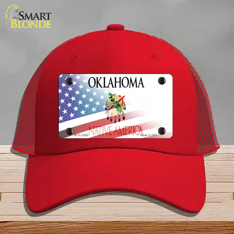 HAT17-MLP-12365 Oklahoma with American Flag Novelty License Plate Hat, Mesh - Red