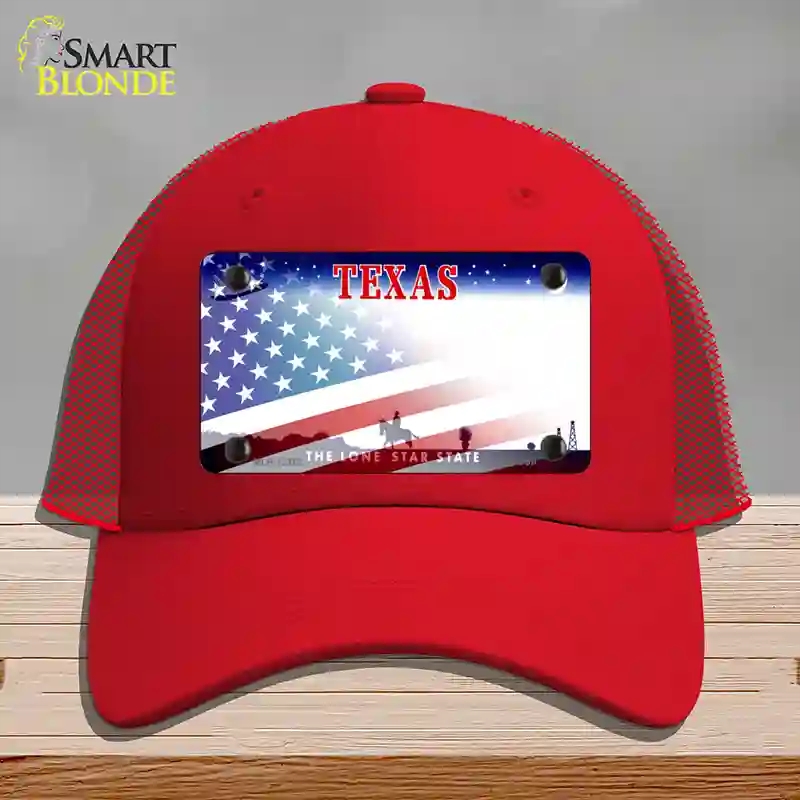 HAT17-MLP-12372 Texas with American Flag Novelty License Plate Hat, Mesh - Red