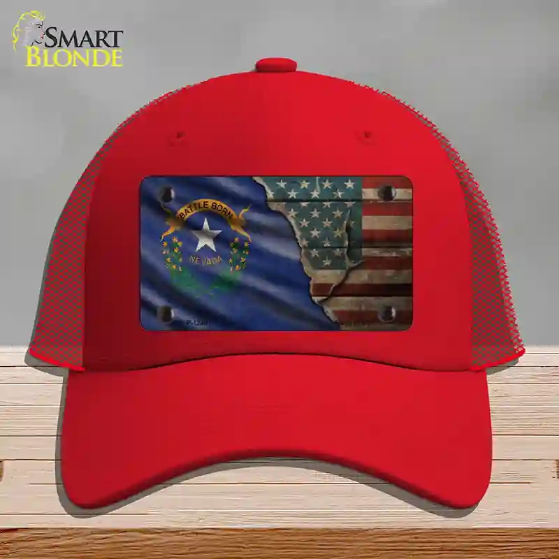 HAT17-MLP-12407 Nevada & American Flag Novelty License Plate Hat, Mesh - Red
