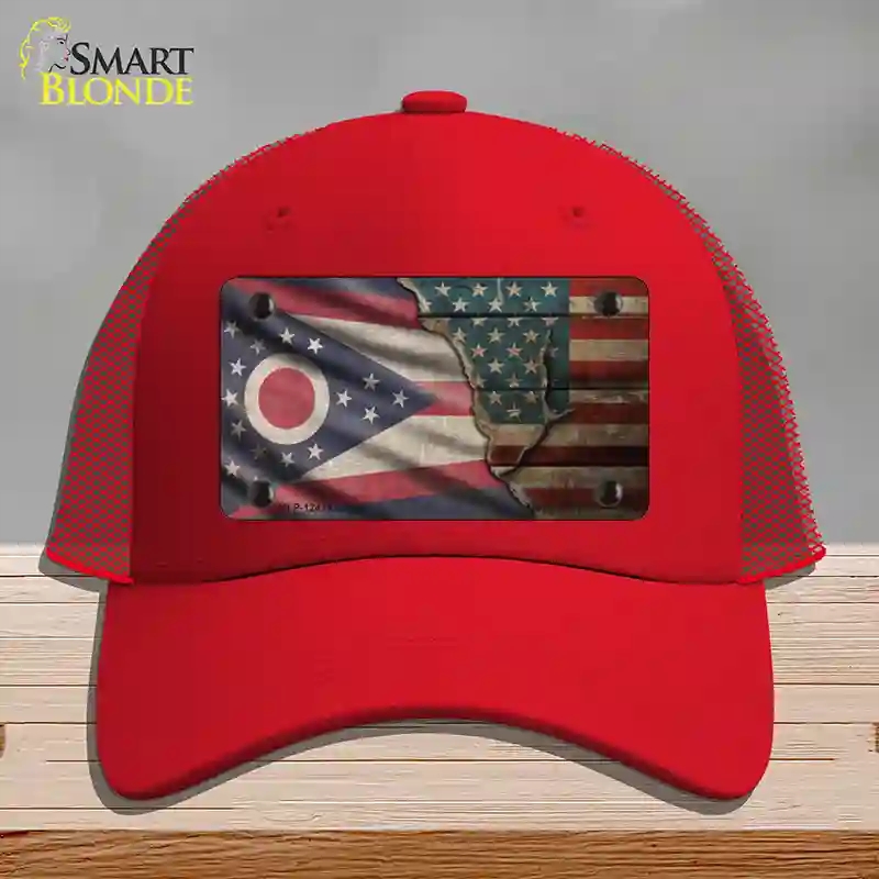 HAT17-MLP-12414 Ohio & American Flag Novelty License Plate Hat, Mesh - Red