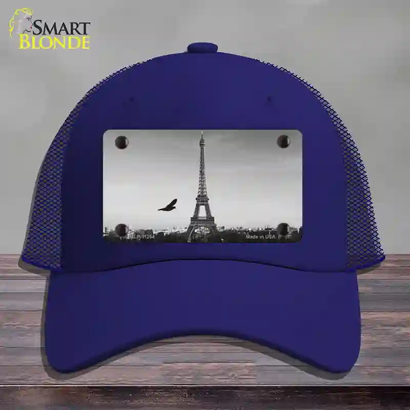 HAT18-MLP-11254 Eiffel Tower Black & White with Bird Novelty License Plate Hat, Mesh - Royal Blue