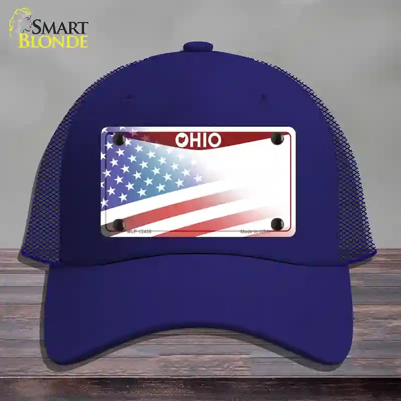 HAT18-MLP-12456 Ohio State American Flag Novelty License Plate Hat, Mesh - Royal Blue