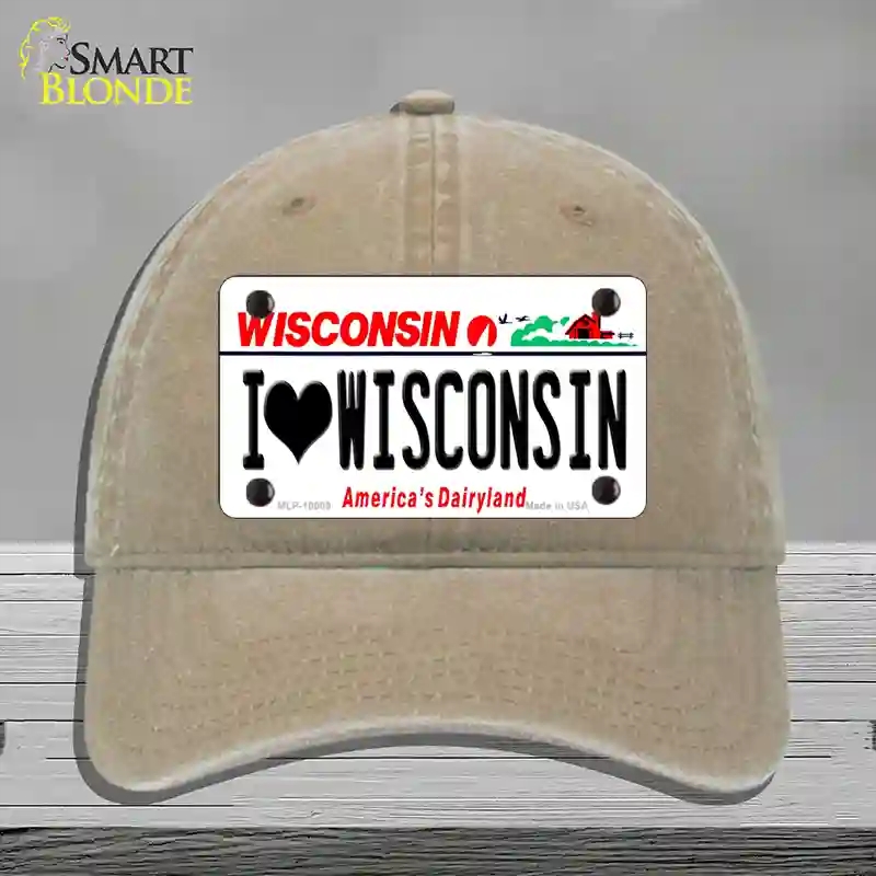 HAT09-MLP-10609 I Love Wisconsin Novelty License Plate Hat, Unconstructed Cotton - Khaki