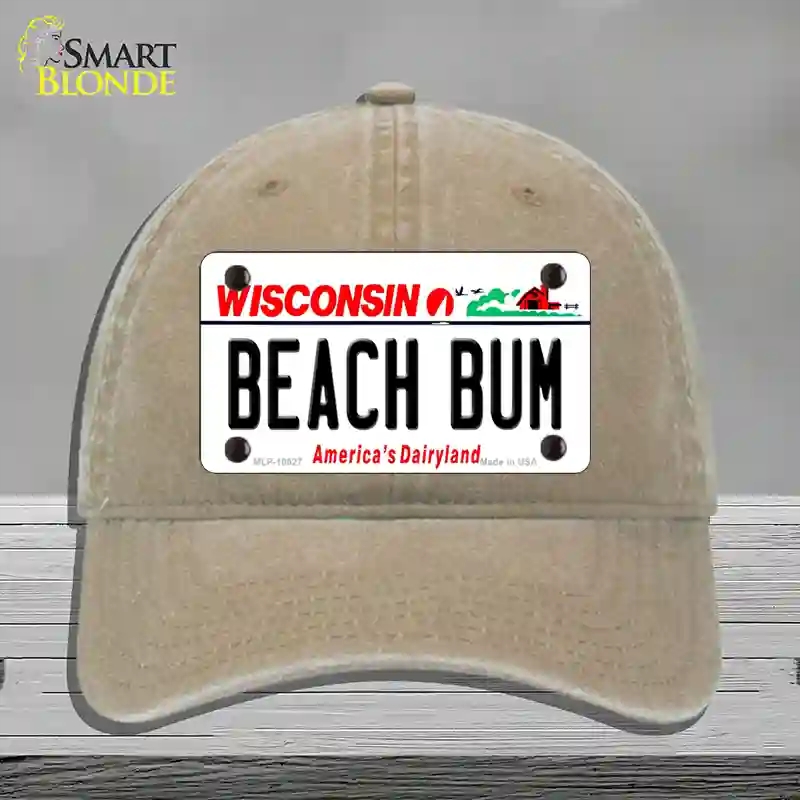 HAT09-MLP-10627 Beach Bum Wisconsin Novelty License Plate Hat, Unconstructed Cotton - Khaki