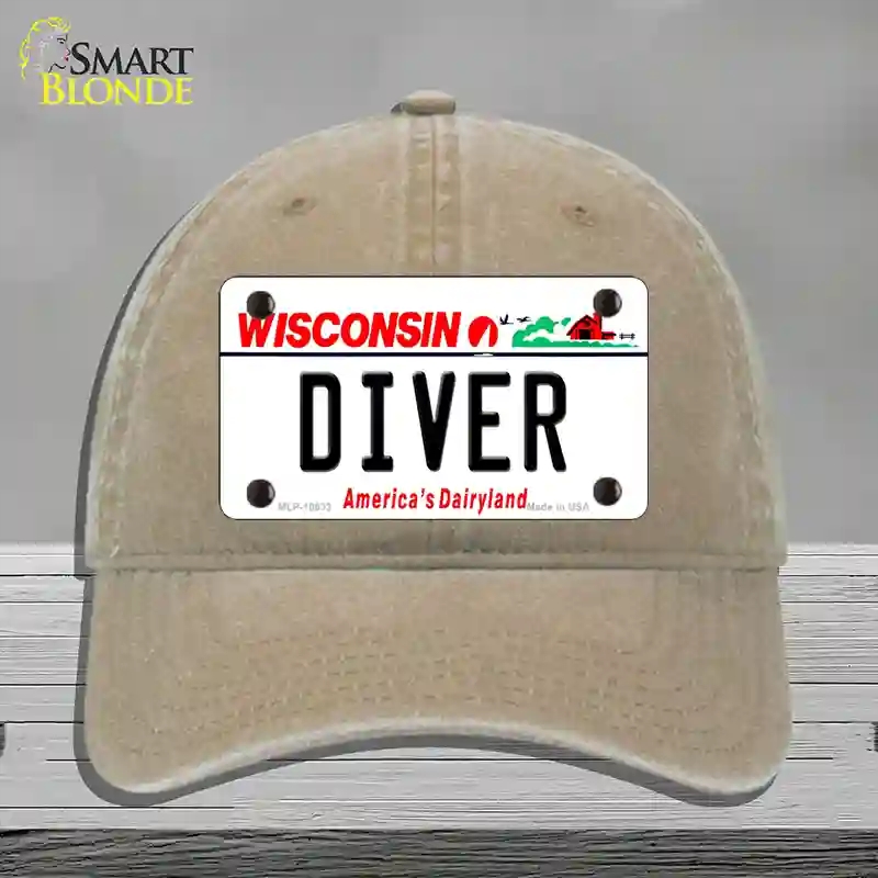 HAT09-MLP-10633 Diver Wisconsin Novelty License Plate Hat, Unconstructed Cotton - Khaki