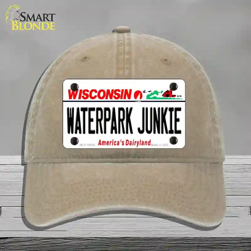 HAT09-MLP-10656 Waterpark Junkie Wisconsin Novelty License Plate Hat, Unconstructed Cotton - Khaki