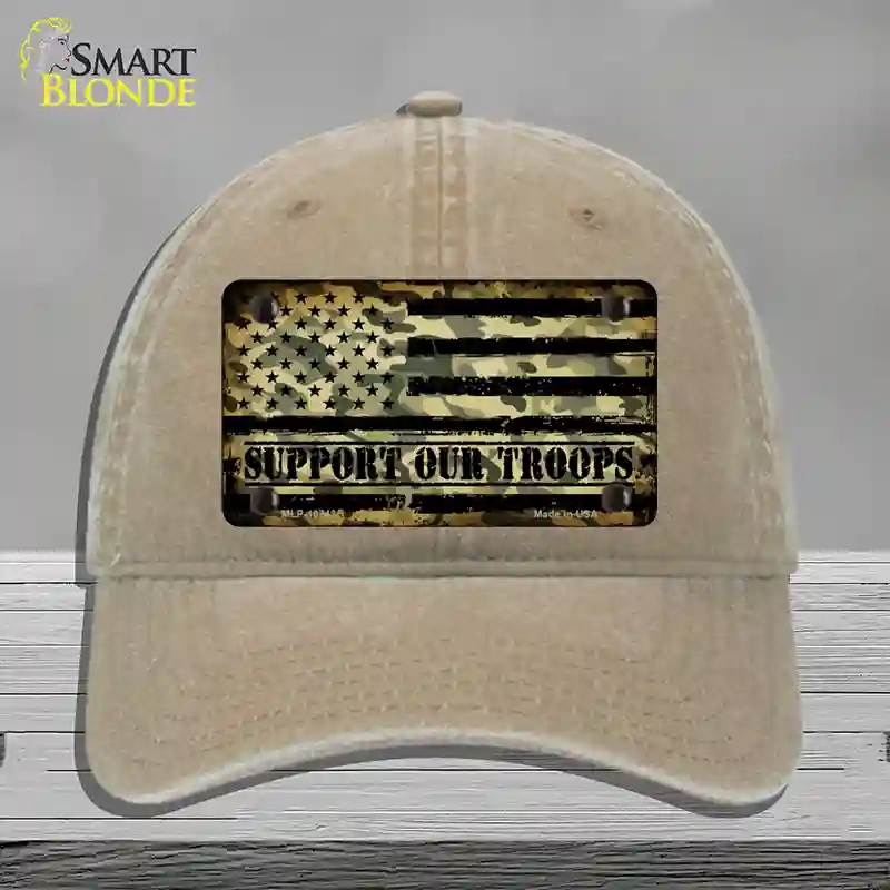 HAT09-MLP-10743 Camo American Flag Support Troops Novelty License Plate Hat, Unconstructed Cotton - Khaki
