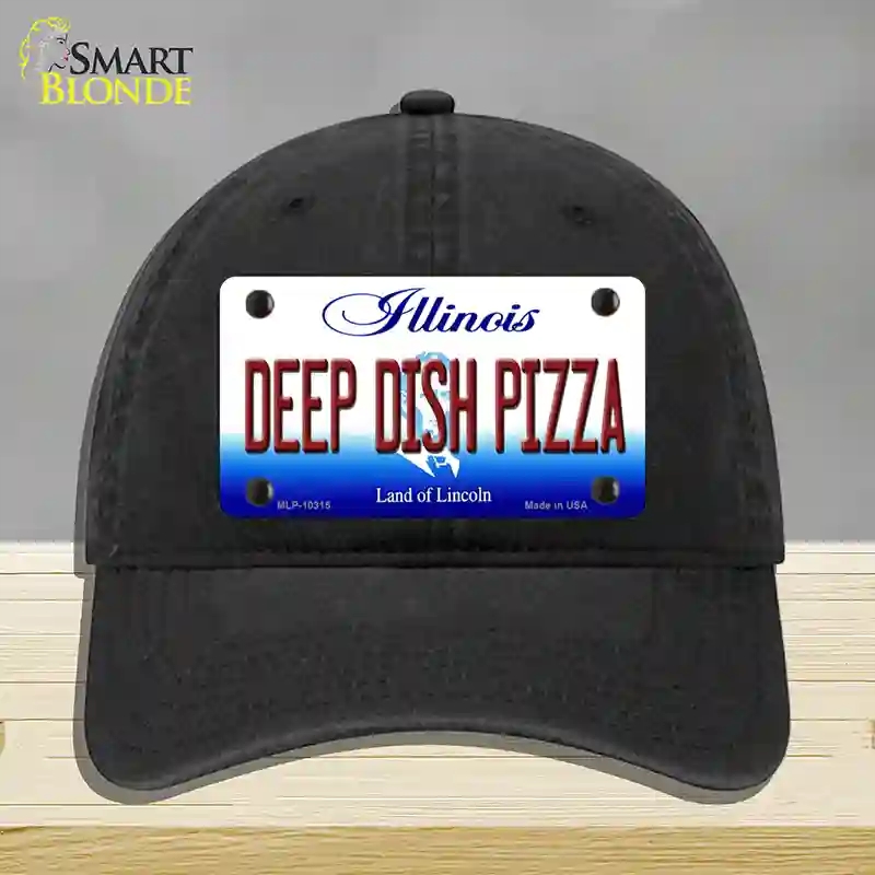 HAT07-MLP-10315 Deep Dish Pizza Illinois Novelty License Plate Hat, Unconstructed Cotton - Black