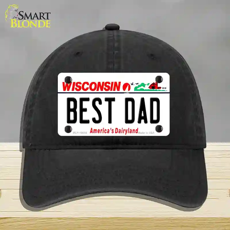 HAT07-MLP-10655 Best Dad Wisconsin Novelty License Plate Hat, Unconstructed Cotton - Black