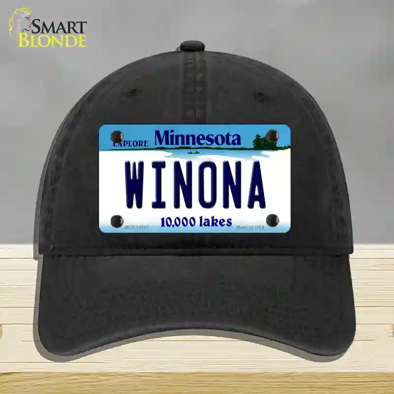 HAT07-MLP-11047 Winona Minnesota State Novelty License Plate Hat, Unconstructed Cotton - Black