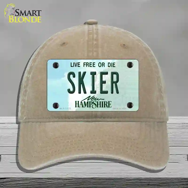 HAT09-MLP-11172 Skier   Hampshire State Novelty License Plate Hat, Unconstructed Cotton - Khaki
