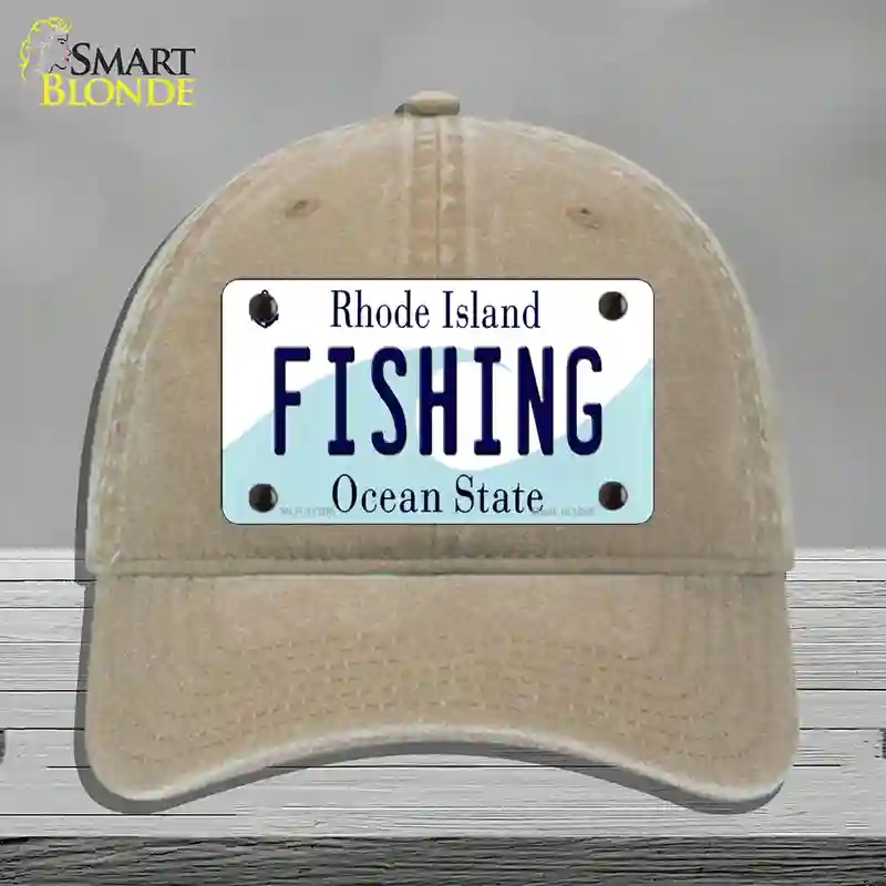 HAT09-MLP-11206 Fishing Rhode Island State Novelty License Plate Hat, Unconstructed Cotton - Khaki