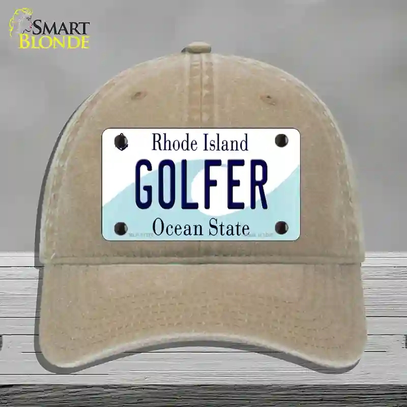 HAT09-MLP-11216 Golfer Rhode Island State Novelty License Plate Hat, Unconstructed Cotton - Khaki