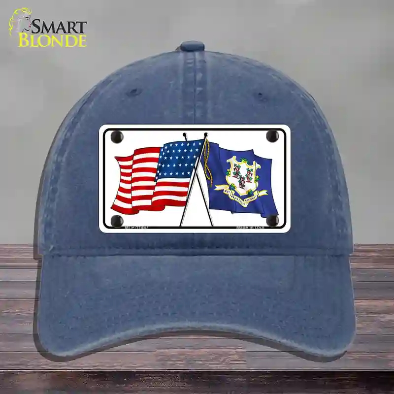 HAT11-MLP-11467 Connecticut Crossed US Flag Novelty License Plate Hat, Unconstructed Cotton - Navy