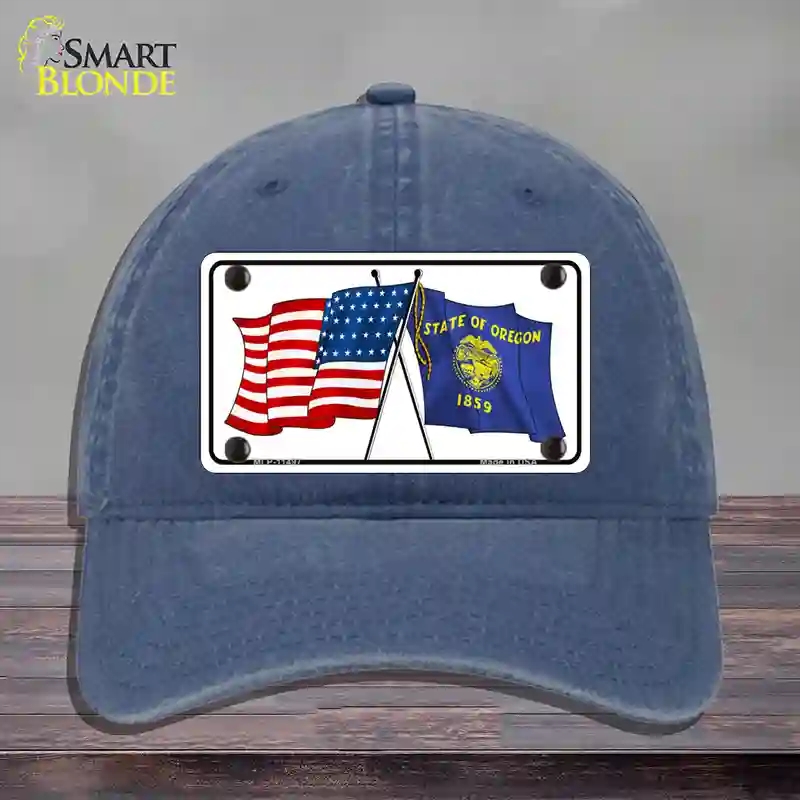 HAT11-MLP-11497 Oregon Crossed US Flag Novelty License Plate Hat, Unconstructed Cotton - Navy