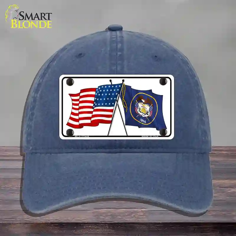 HAT11-MLP-11504 Utah Crossed US Flag Novelty License Plate Hat, Unconstructed Cotton - Navy