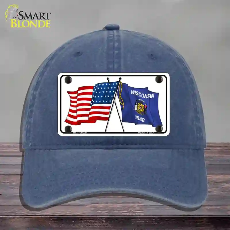 HAT11-MLP-11509 Wisconsin Crossed US Flag Novelty License Plate Hat, Unconstructed Cotton - Navy