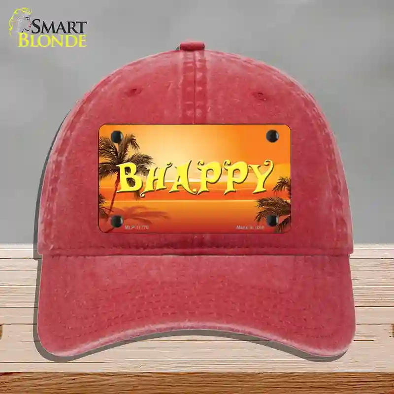 HAT13-MLP-11775 Be Happy Beach Scene Novelty License Plate Hat, Unconstructed Cotton - Red