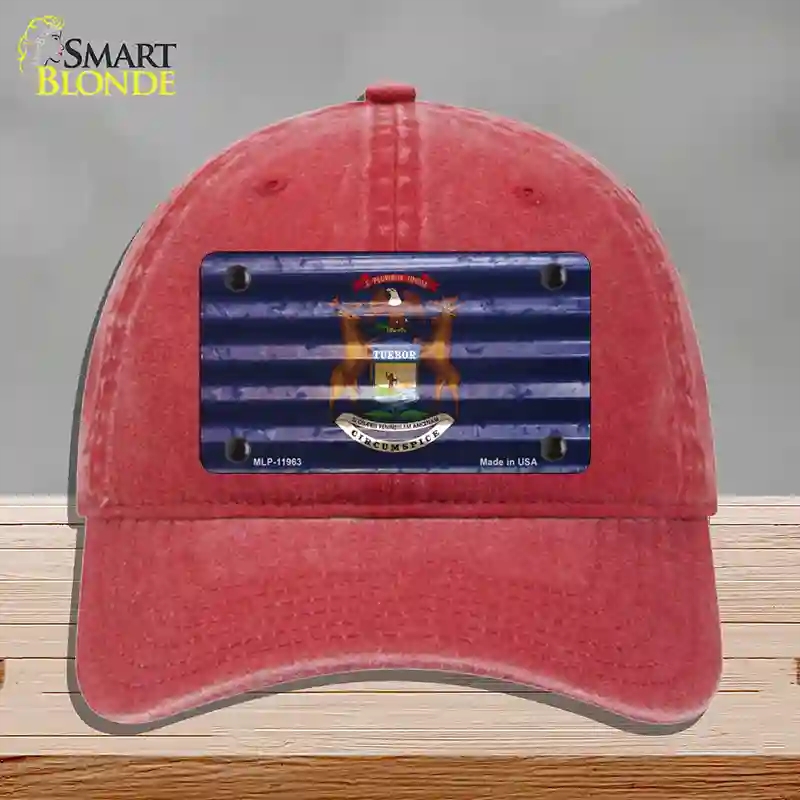 HAT13-MLP-11963 Michigan Corrugated Flag Novelty License Plate Hat, Unconstructed Cotton - Red