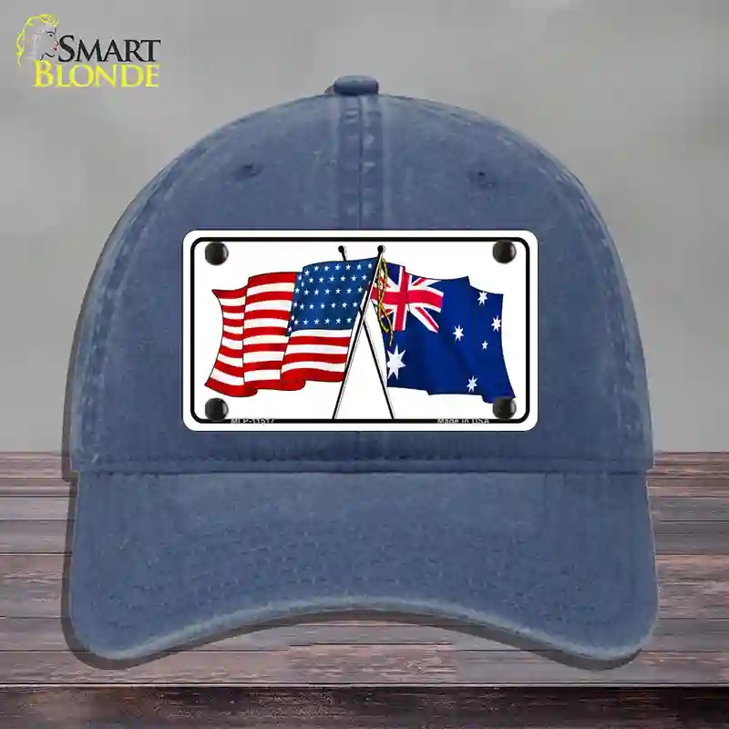 HAT11-MLP-11517 Australia Crossed US Flag Novelty License Plate Hat, Unconstructed Cotton - Navy