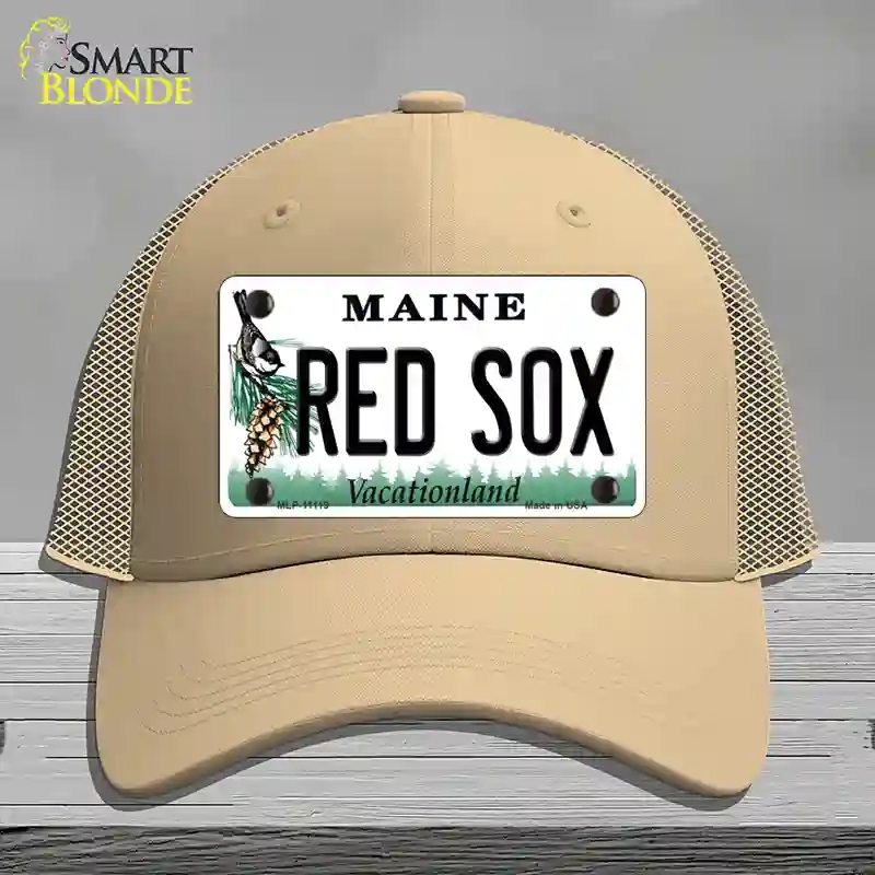 HAT15-MLP-11119 Red Sox Maine Novelty License Plate Hat, Mesh - Khaki