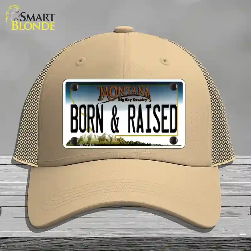 HAT15-MLP-11129 Born & Raised Montana State Novelty License Plate Hat, Mesh - Khaki