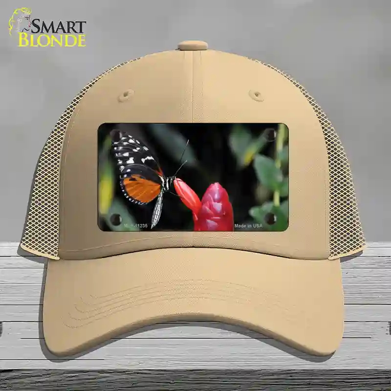 HAT15-MLP-11235 Butterfly on Red Flower Novelty License Plate Hat, Mesh - Khaki