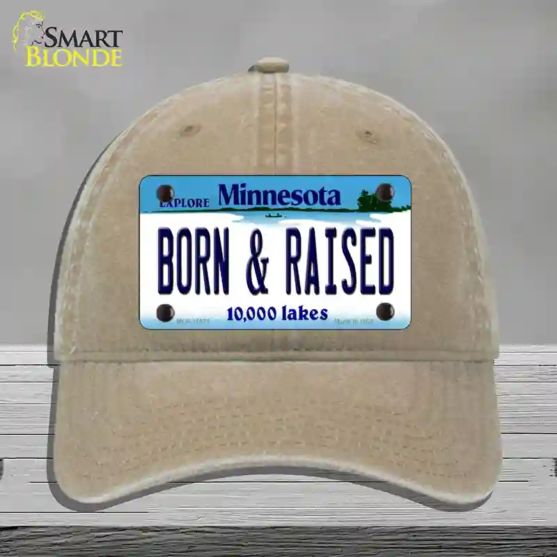 HAT09-MLP-11071 Born & Raised Minnesota State Novelty License Plate Hat, Unconstructed Cotton - Khaki