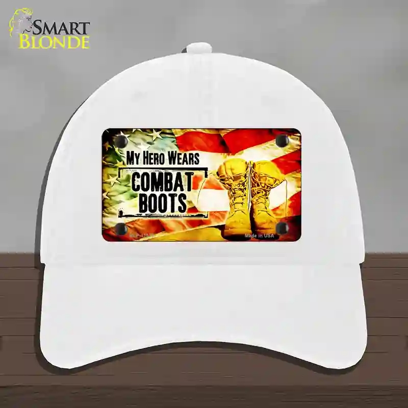 HAT14-MLP-11523 My Hero Wears Combat Boots Novelty License Plate Hat, Unconstructed Cotton - White
