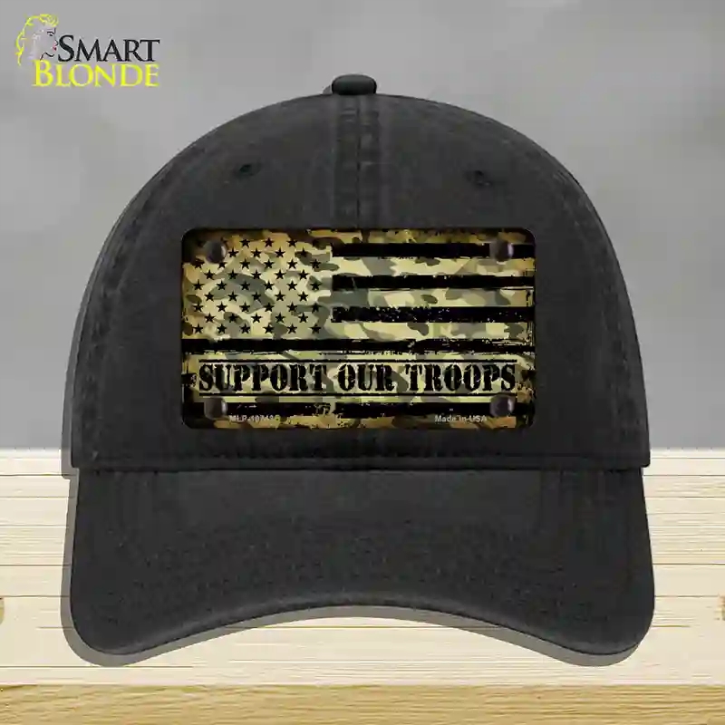 HAT07-MLP-10743 Camo American Flag Support Troops Novelty License Plate Hat, Unconstructed Cotton - Black
