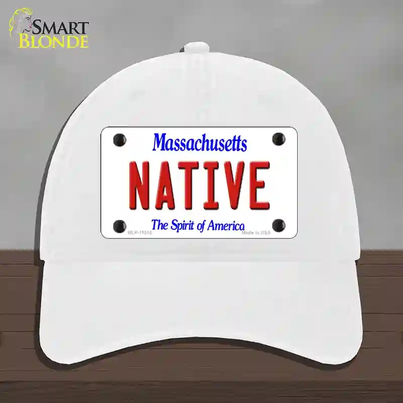 HAT14-MLP-11010 Native Massachusetts Novelty License Plate Hat, Unconstructed Cotton - White