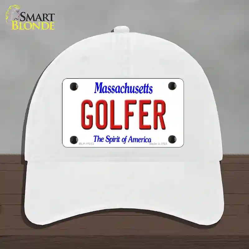 HAT14-MLP-11012 Golfer Massachusetts Novelty License Plate Hat, Unconstructed Cotton - White