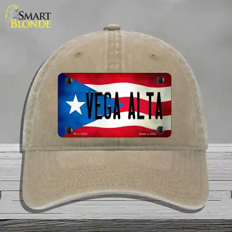 HAT09-MLP-11387 Vega Alta Puerto Rico Flag Novelty License Plate Hat, Unconstructed Cotton - Khaki