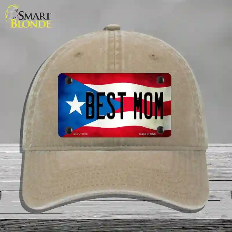 HAT09-MLP-11405 Best Mom Puerto Rico Flag Novelty License Plate Hat, Unconstructed Cotton - Khaki