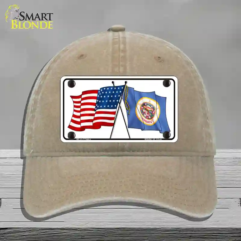 HAT09-MLP-11483 Minnesota Crossed US Flag Novelty License Plate Hat, Unconstructed Cotton - Khaki